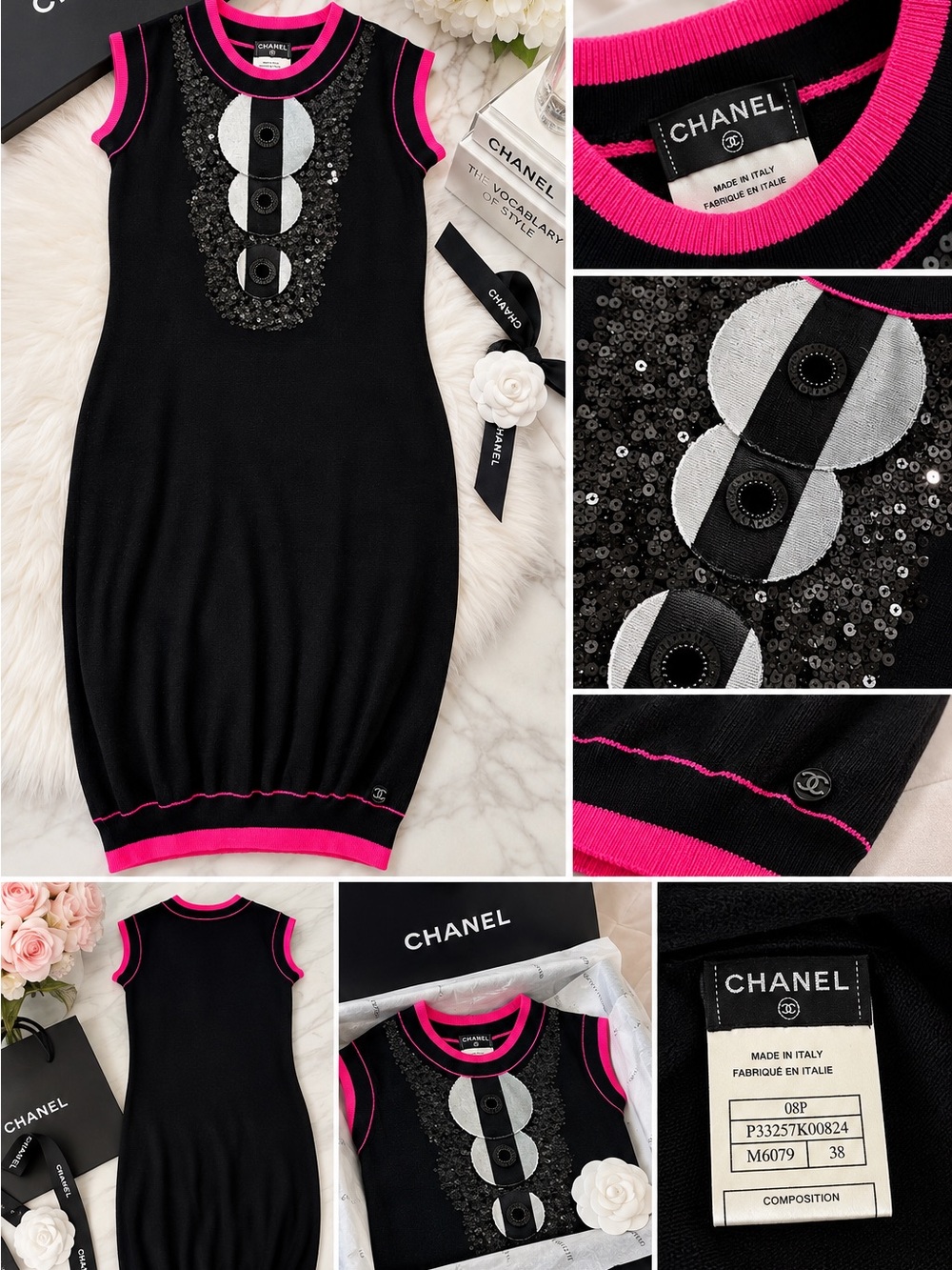 CHANEL Black Midi Dress with Hot Pink Trim and Sequin Front Motif